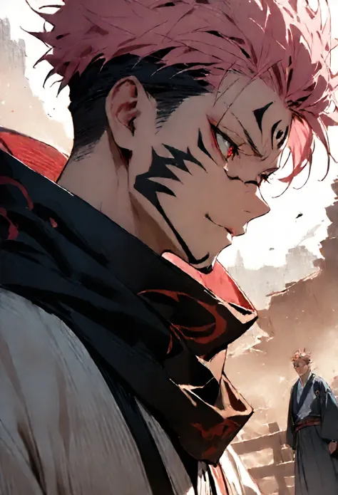 (masterpiece:1.3),(Highest quality:1.4),(Very detailedな:1.5),High resolution,Very detailed,8K,(1 male,sukuna ryoumen,JUJUTSU KAİSEN,Pink Hair)Double-sided Sukuna,（The costume is a white kimono、Black scarf）Laugh fearlessly、Red eyes、（The background is inspir...