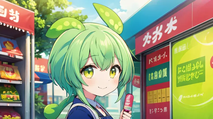 green hair,1girl,zundamon,convenience store,part-time job,smile