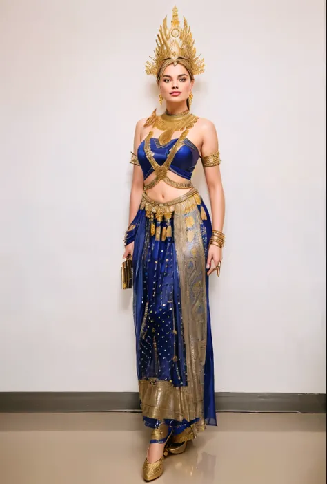 a woman in a blue and gold costume standing in a room, tai costume, sukhothai costume, costume with blue accents, high quality theatre costume, idian dress, intricate costume design, gold brocaded dark blue clothes, jeweled costume, beautiful costume, awar...