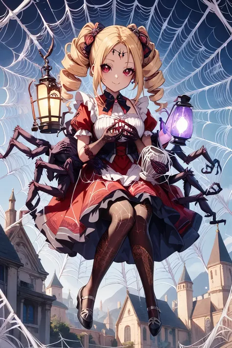 Spider girl. Lady. Twin drill hair. Blonde hair. Red eyes. Horror eyes. Black and red dress. Frills. Dark fantasy. Multiple arms. Sharp claws. Spider web tattoo on face. Rib-style armor. Carries a lantern in hand. Spider web dress. Insect legs. Spider-them...