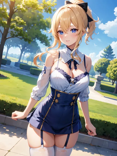 (( best quality)), ( high definition ), (( very detailed ))、(masterpiece)、Im wearing a sailor suit of a genshin character with disheveled, adult-like hair、Im wearing a cute bra and cute panties、(Im wearing knee-high stockings)、(Dancing in the park )、Cute n...