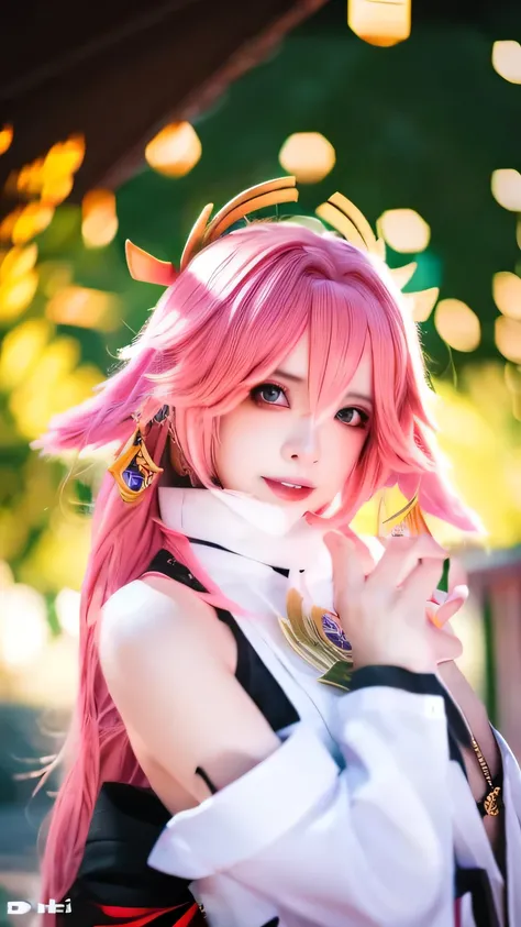best quality, masterpiece, highres, 1girl,,yae miko from genshin impact cosplay,hair ornament,necklace, jewelry,Beautiful face,cute,upon_body, tyndall effect,photorealistic, dark studio, rim lighting, two tone lighting,(high detailed skin:1.2), 8k uhd, dsl...