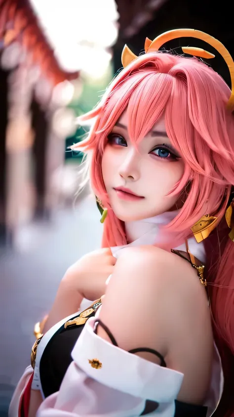 best quality, masterpiece, highres, 1girl,,yae miko from genshin impact cosplay,hair ornament,necklace, jewelry,Beautiful face,cute,upon_body, tyndall effect,photorealistic, dark studio, rim lighting, two tone lighting,(high detailed skin:1.2), 8k uhd, dsl...