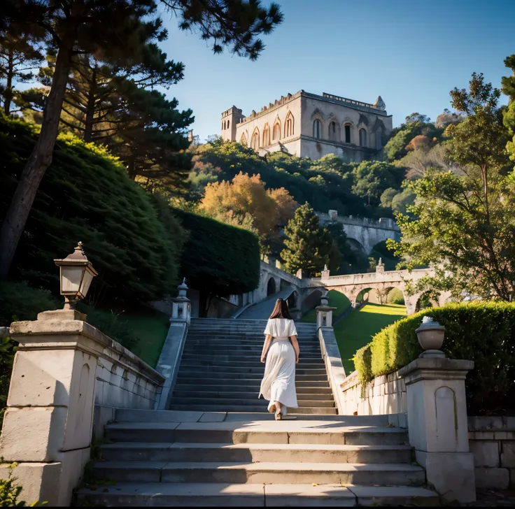 8K quality, Masterpiece,  bright artistic dusk lighting,  super real ,  high chroma, Ancient fortified city landscape pictures,  forest, High ground, (Back view on stairs :1.3), (Ass:1.2), White clothes