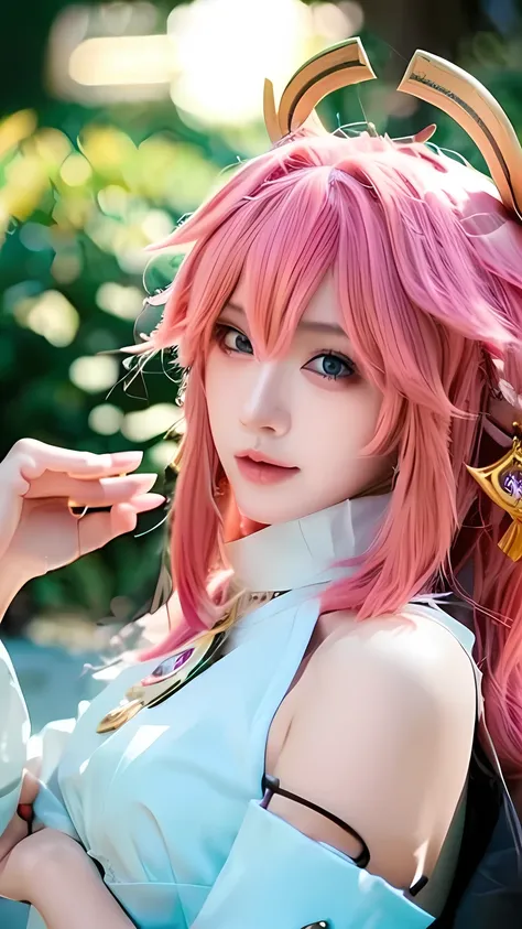 best quality, masterpiece, highres, 1girl,,yae miko from genshin impact cosplay,hair ornament,necklace, jewelry,Beautiful face,cute,upon_body, tyndall effect,photorealistic, dark studio, rim lighting, two tone lighting,(high detailed skin:1.2), 8k uhd, dsl...