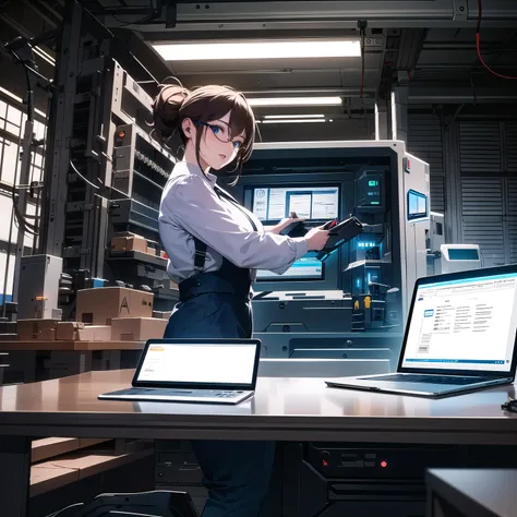 high-definition images, atmospheric perspective, 8k, super detail, accurate, best quality, female machinist woman operates a control panel of machining-center, (put on stylish goggles), looking at the control panel, round face, hair up, worker clothes, in ...