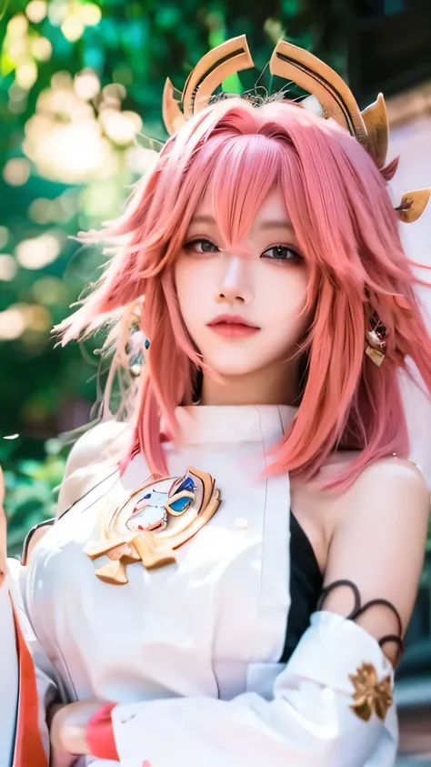 best quality, masterpiece, highres, 1girl,,yae miko from genshin impact cosplay,hair ornament,necklace, jewelry,Beautiful face,cute,upon_body, tyndall effect,photorealistic, dark studio, rim lighting, two tone lighting,(high detailed skin:1.2), 8k uhd, dsl...