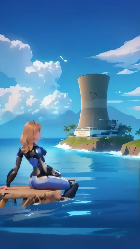 A woman in a  diving suit sits on a wood raft with a nuclear power plant on a small island in the distance，painting of a 核 power plant on the island overlooking at sea, 核 power plant,  Core Reactor , 核 power,  Pixar movie setting ，3D Rendering，8k, 3D carto...