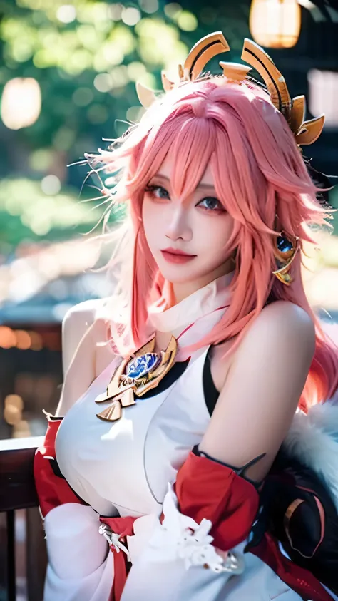 best quality, masterpiece, highres, 1girl,,yae miko from genshin impact cosplay, large boobs,hair ornament,necklace, jewelry,Beautiful face,cute,upon_body, tyndall effect,photorealistic, dark studio, rim lighting, two tone lighting,(high detailed skin:1.2)...