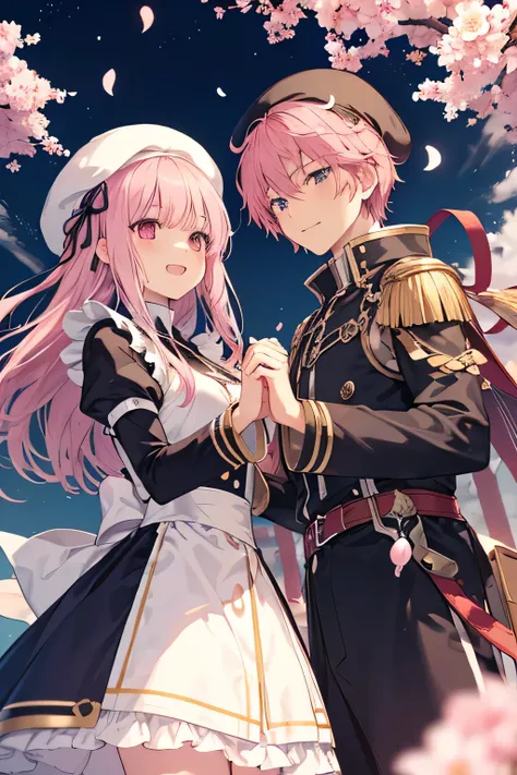 Mens couples(lord knight male),(( ragnarok online )( Feather beret)) And maid girl without a headdress smiling,  shaking hands , ( showing teeth ), standing,  pink hair color, combat pose,  mmorpg background ,  mmorpg background (A stranger), complete anat...