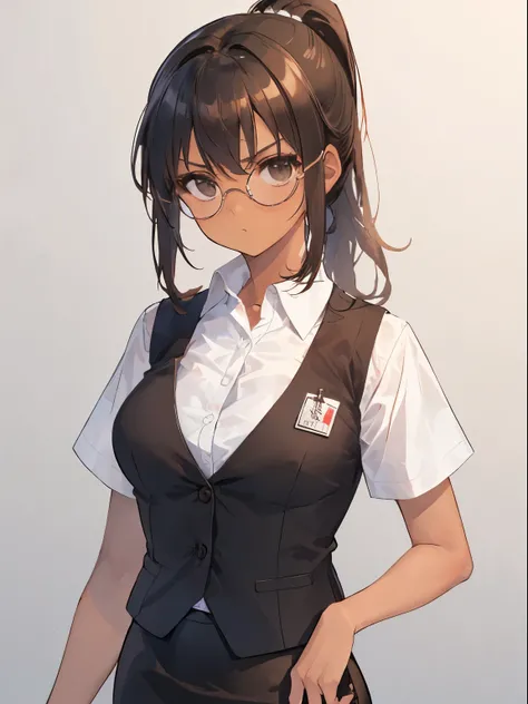 (serious, [glaring]), 1 girl, upper body, (facing viewer, looking viewer), standing straight, (black eyes, (black hair), (front ponytail), medium breast), ((white blouse, buttoned shirt), (round glasses, brown vest, business vest), (black pencil skirt)), (...