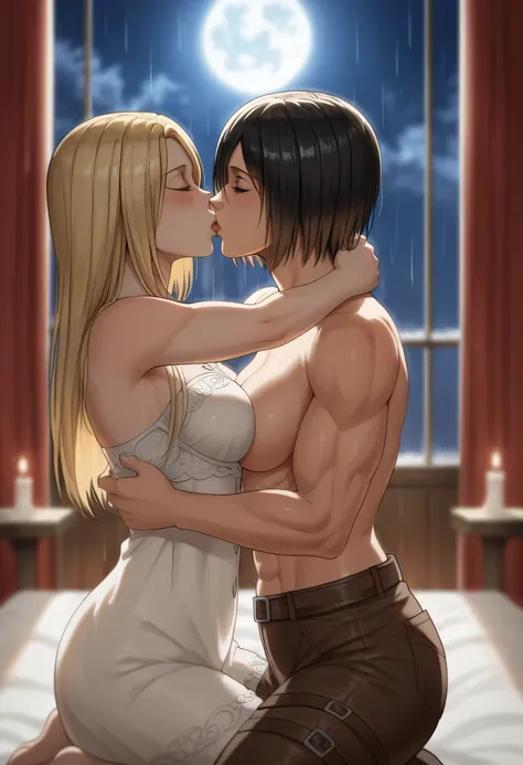 score_9, score_8_up, score_7_up, BREAK source_anime, historia reiss, blue eyes, blonde hair, long hair, medium breasts, long white dress sleeveless,female black hair soldier hugs historia,Mikasa with historia hugs,mikasa wreanig open green jacket and black...