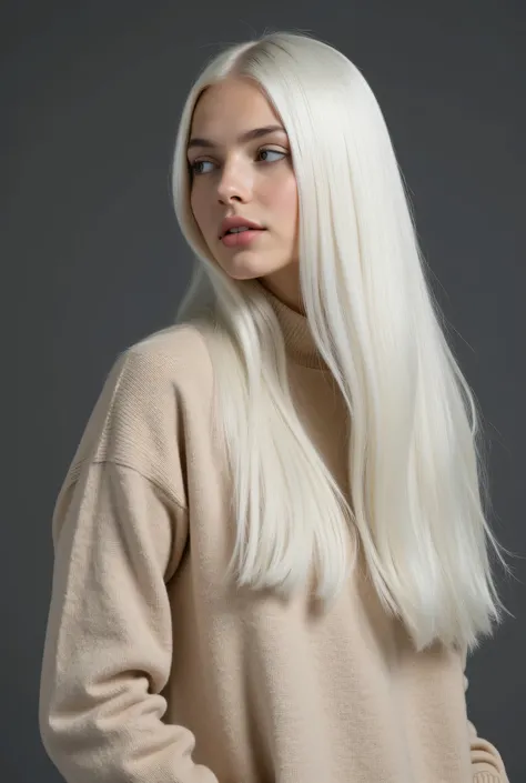  a young blonde with long gorgeous straight white hair, in a beige sweater , advertisement, Model, expressive look , large, dark grey background 