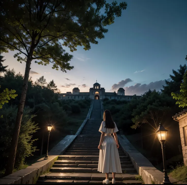 8K quality, Masterpiece,  bright artistic dusk lighting,  super real ,  high chroma, Ancient fortified city landscape pictures,  forest, High ground, (Back view on stairs :1.3), (Ass:1.2), White clothes