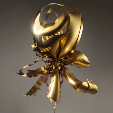 JinBo,PengZhang,3D realistic gold gift balloon,simple background,still life,fine details,ribbon,shadow,depth of field,grey background,gradient,