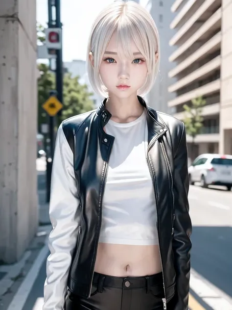 1 girl, Alone, Slender body, flat chested, (Gray Hair), perfect face, cool girl , teenager with pants slipping, road, street, cool face , Leather Jackets