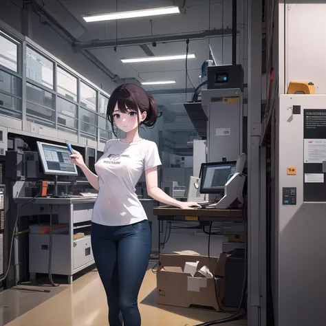 high-definition images, atmospheric perspective, 8k, super detail, accurate, best quality, female machinist woman operates a control panel of machining-center, looking at the control panel, round face, hair up, worker clothes, small breasts, see through t-...