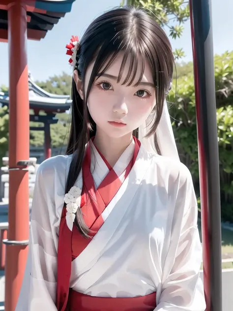 1 girl, Alone, Slender body, flat chested, ( black hair), perfect face, cool girl , teenager with pants slipping, 神社のShrine maiden,Shrine maiden, red clothes, pretty face