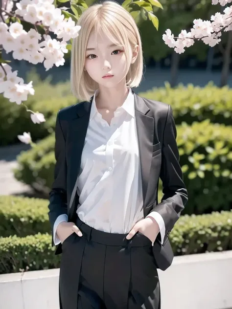  1 girl, Alone, masterpiece,  best quality, Slender body,  flat chested, ( blonde hair ),  perfect face,  cool girl ,  teenager with pants slipping, ,  Black Suit  ,  white shirt,  cool face ,Cherry Blossom Viewing,   cherry blossoms wearing a black see-th...