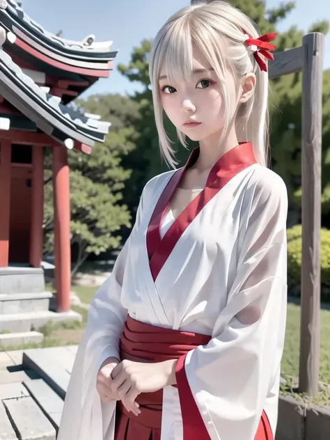 1 girl, Alone, Slender body, flat chested, (Gray Hair), perfect face, cool girl , teenager with pants slipping, 神社のShrine maiden,Shrine maiden, red clothes, pretty face