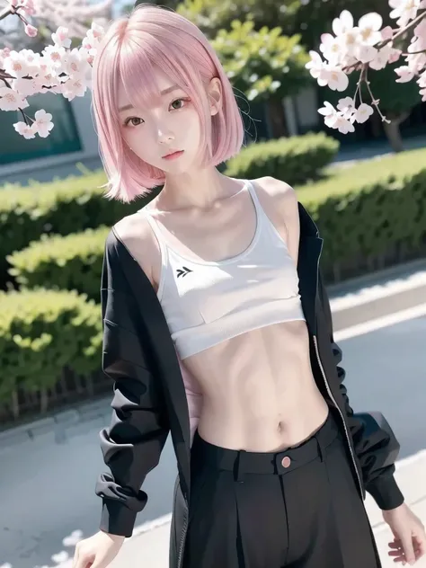  1 girl, Alone, masterpiece,  best quality, Slender body,  flat chested, ( Pink Hair),  perfect face,  cool girl ,  teenager with pants slipping, ,  Black Suit  ,  white shirt,  cool face ,Cherry Blossom Viewing,   cherry blossoms wearing a black see-throu...