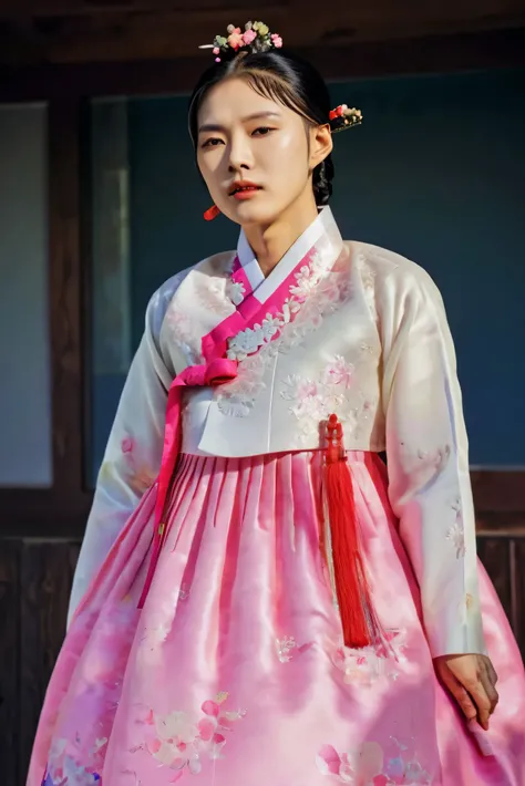A Korean man in womens hanbok, hi is crossdresser, His face and hairstyle are very masculine, silk, Mother of the Bride hanbok Dress Outfit, breasts like a woman, red and pink, slender female body, floral pattern, satin