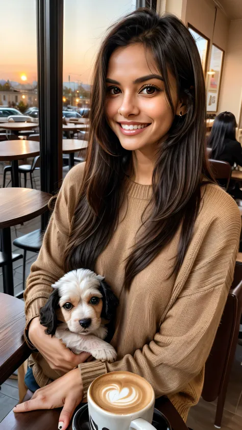 Cute black long straight hair brown eyes round face girl wearing brown sweater sitting in café drinking coffee, sunset, toothy smile without bangs, holding a poodle puppy in her arms