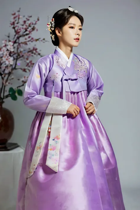 A Korean man in womens hanbok, hi is crossdresser, His face and hairstyle are very masculine, silk, Mother of the Bride hanbok Dress Outfit, breasts like a woman, light purple, slender female body, floral pattern, satin