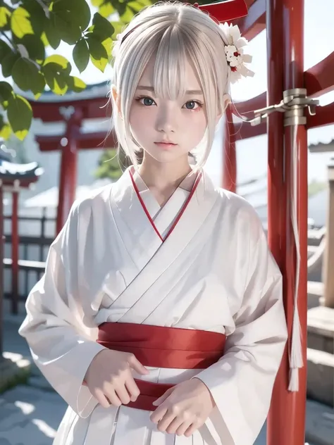 1 girl, Alone, Slender body, flat chested, (Gray Hair), perfect face, cool girl , teenager with pants slipping, 神社のShrine maiden,Shrine maiden, red clothes, pretty face