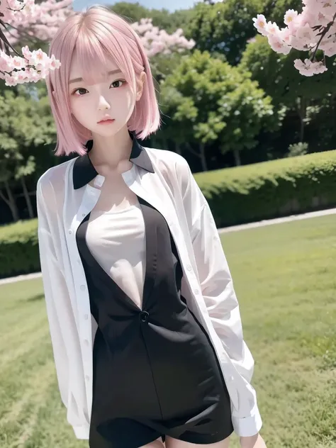 1 girl, Alone, masterpiece, best quality, Slender body, flat chested, ( Pink Hair), perfect face, cool girl , teenager with pants slipping, , Black Suit , white shirt, cool face ,Cherry Blossom Viewing, cherry blossoms wearing a black see-throu...