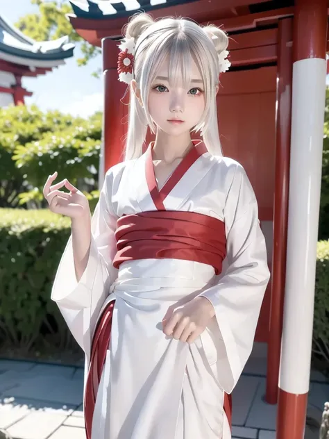 1 girl, Alone, Slender body, flat chested, (Gray Hair), perfect face, cool girl , teenager with pants slipping, 神社のShrine maiden,Shrine maiden, red clothes, pretty face