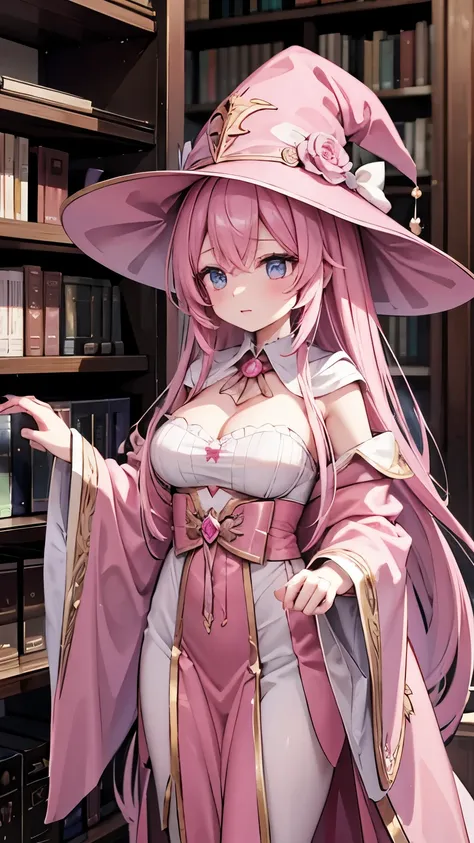 Pink long hair, black wizard-like hat and robe, Big Breasts, There is a bookshelf, My chest is no longer visible 