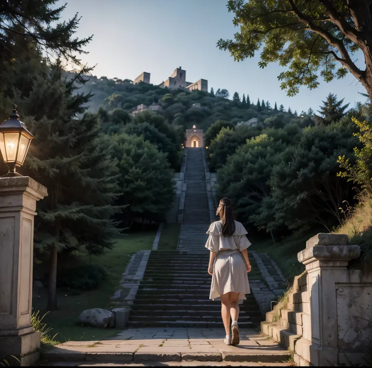 8K quality, Masterpiece,  bright artistic dusk lighting,  super real ,  high chroma, Ancient fortified city landscape pictures,  forest, High ground, (Back view on stairs :1.3), (Ass:1.2), White clothes