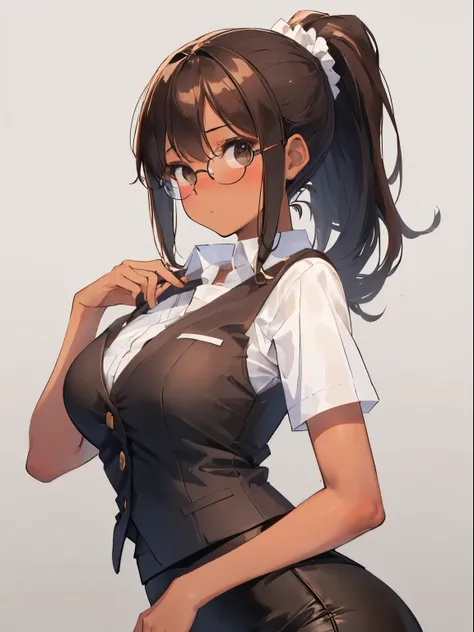 (blush, embarrassed), 1 girl, upper body, (facing viewer, looking viewer), standing straight, (black eyes, (black hair), (front ponytail), medium breast), ((white blouse, buttoned shirt), (round glasses, brown vest, business vest), (black pencil skirt)), (...