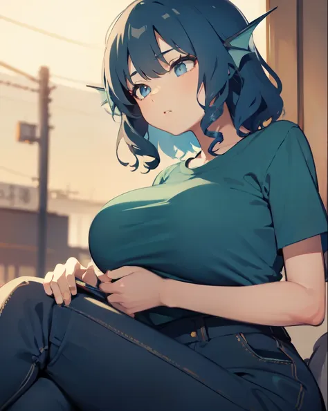 wakasagihime, 1women, big breasted , blue hair, short hair, blue eyes, head fins, t-shirt, pants, passive look, expressionless, ...