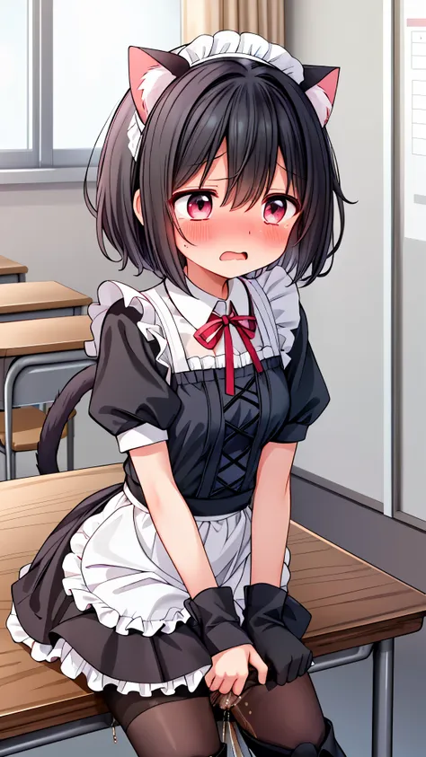 girl，Short black hair，Maid costume，Black lace-up boots， white pantyhose， blush害羞，Classroom scene ，demon， blush shy，classroom scene， Embarrassment comes from ,  blush), ,, Look away, sit, Awkward,  blush, Mouth slightly open, classroom， white over-the-knee ...