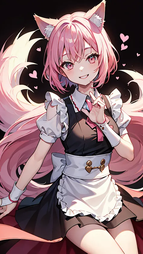 masterpiece, a girl, flushing, smiling, making a heart with hands, looking at viewer, bob, pink hair, golden eyes, slant eyes, fair skin, short, skinny, maid, with fox ears, 20-year-old, no background, cute, closeup shot