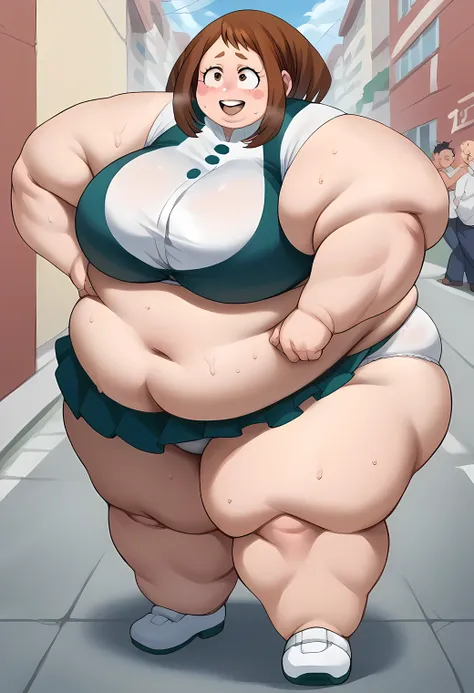 score_9, score_8_up, score_7_up, source_anime BREAK 1girl, Ochako uraraka ganryu, whie bras and panties, street, , sweating, growing fatter, fat, chubby, obese, full body shot, gigantic arms and legs, facing veiwer,  blush, blush sticker, perfect quality, ...