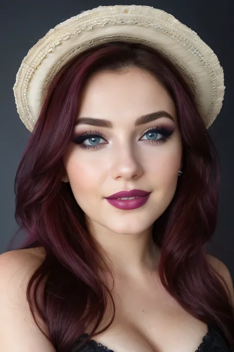 (face and bust shot),blue eyes, eyeshadow,eyelashes, pupils, eyebrows, nose, bold lips, purple Lipstick, Sensational Make up, smile, face, dark red hair,long and voluminous hair, 1 girl, black top, G-string, medium cleavage, beautiful face,