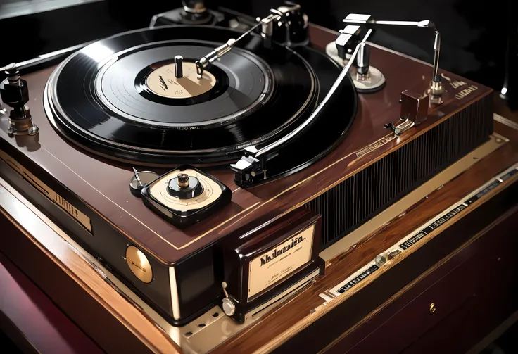 (Nikon F3, Nikkor 28mm , ISO 50, F:3.2,  shutter speed :1/60 seconds),  Velvia 50 BRAKE Focus on Record Player Needles, "Mcintosh" Nameplate ,  mahogany material ,  old vintage ,  deep gloss ,  used texture ,  sharp ends ,  Dramatic Atmosphere ,  Spinning Board , Cinema shooting,  deep tone ,  comfortable jazz music , masterpiece,  best quality,  highest resolution,  High Quality, 