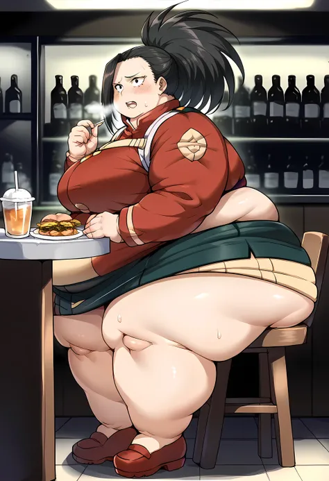 momoyaoyorozu, yaoyorozu momo, black eyes, black hair, long hair, blush, black hair,, female , ganryu, hero uniform,  restaurant...