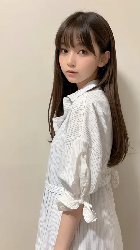  high definition、4K、Photo quality、 REAL STICK 、Soft Light Source 、wide shot, The background is a museum 、 one girl ,  cute girl, 20 years old,  Brown Eyes , Parted bangs, Brown Hair,  medium hair,  looking at camera、 upper body、 The details of the clothes ...