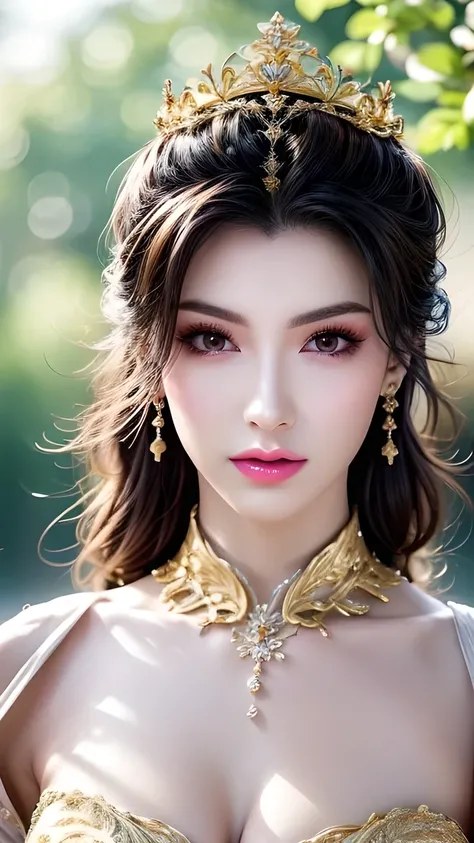A Beautiful Queen , Extremely Detailed Face , Beautiful and detailed eyes , Beautiful Delicate Lips , Long eyelashes, perfect skin, crown, Gorgeous Gold Jewelry , Flowing Silk Dress ,closure_up,Exquisite makeup, is of the best quality,Amazing,master...