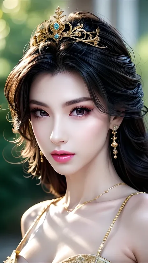 A Beautiful Queen , Extremely Detailed Face , Beautiful and detailed eyes , Beautiful Delicate Lips , Long eyelashes, perfect skin, crown, Gorgeous Gold Jewelry , Flowing Silk Dress ,closure_up,Exquisite makeup, is of the best quality,Amazing,master...