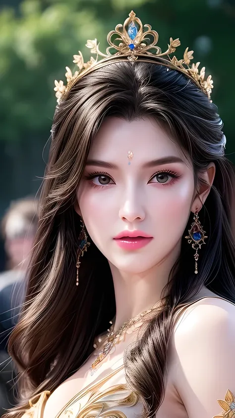  A Beautiful Queen ,  Extremely Detailed Face ,  Beautiful and detailed eyes ,  Beautiful Delicate Lips , Long eyelashes,  perfect skin, crown,  Gorgeous Gold Jewelry ,  Flowing Silk Dress ,closure_up,Exquisite makeup, is of the best quality,Amazing,master...