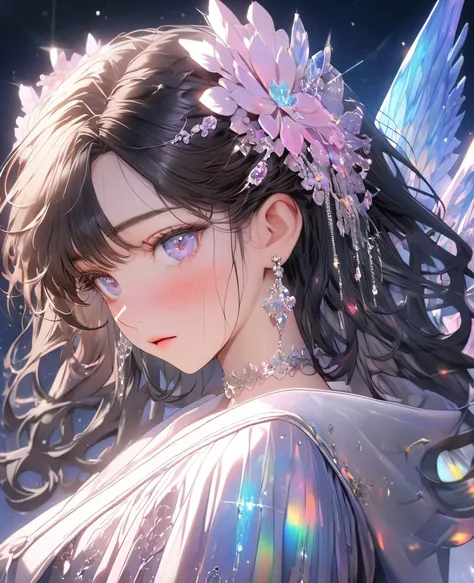 8k,Ephemeral beauty,Very delicate and beautiful,Beautiful and realistic skin,Hair that shines like a jewel,Black Hair、Long and colorful hair,Beautiful Eyes,good,Beautiful night sky、shy、white, Ruffled adult clothes、goddess