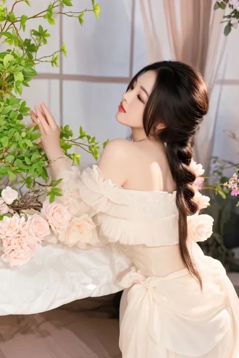 araffe woman in a white dress posing in front of a flower arrangement, lovely woman, cute elegant pose, beutifull, dang my linh, hoang long ly, in style of lam manh, stunning elegant pose, ethereal beauty, beauty woman, ao dai, inspired by Huang Ji, with f...