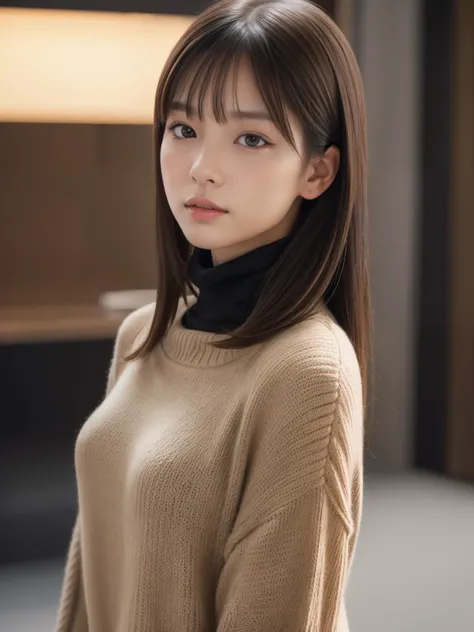 product quality, 1 girl, cowboy shot, front view, a Japanese young pretty girl, at night, wearing a black knitted turtleneck sweater, wearing mini skert, hyper cute face, glossy lips, double eyelids for both eyes, (natural makeup), shiny smooth light brown...