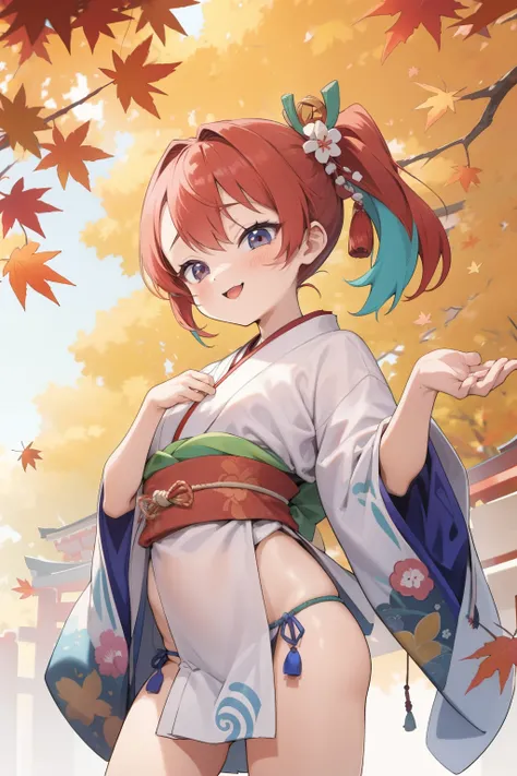 (Japanese )，  young girl， Cute Loincloth ，Japanese festival，Beautiful cute clothes，I saw the world，(Side Pony,  colorful hair)，autumn，