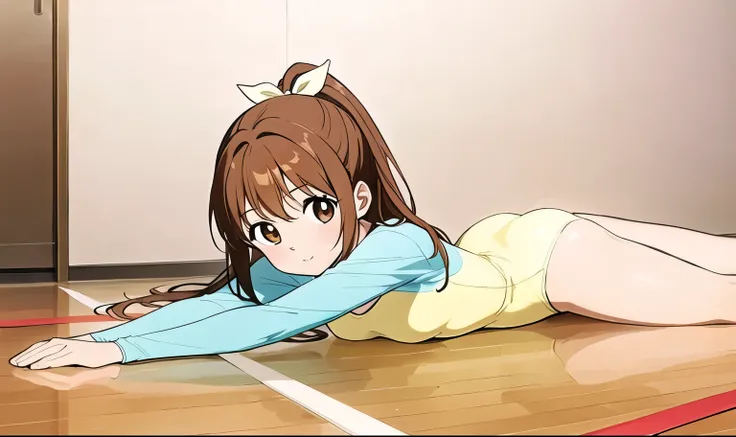 a cartoon girl lying on a floor, her legs are bent with a basketball between them, 1girl, brown hair, solo, leotard, athletic le...